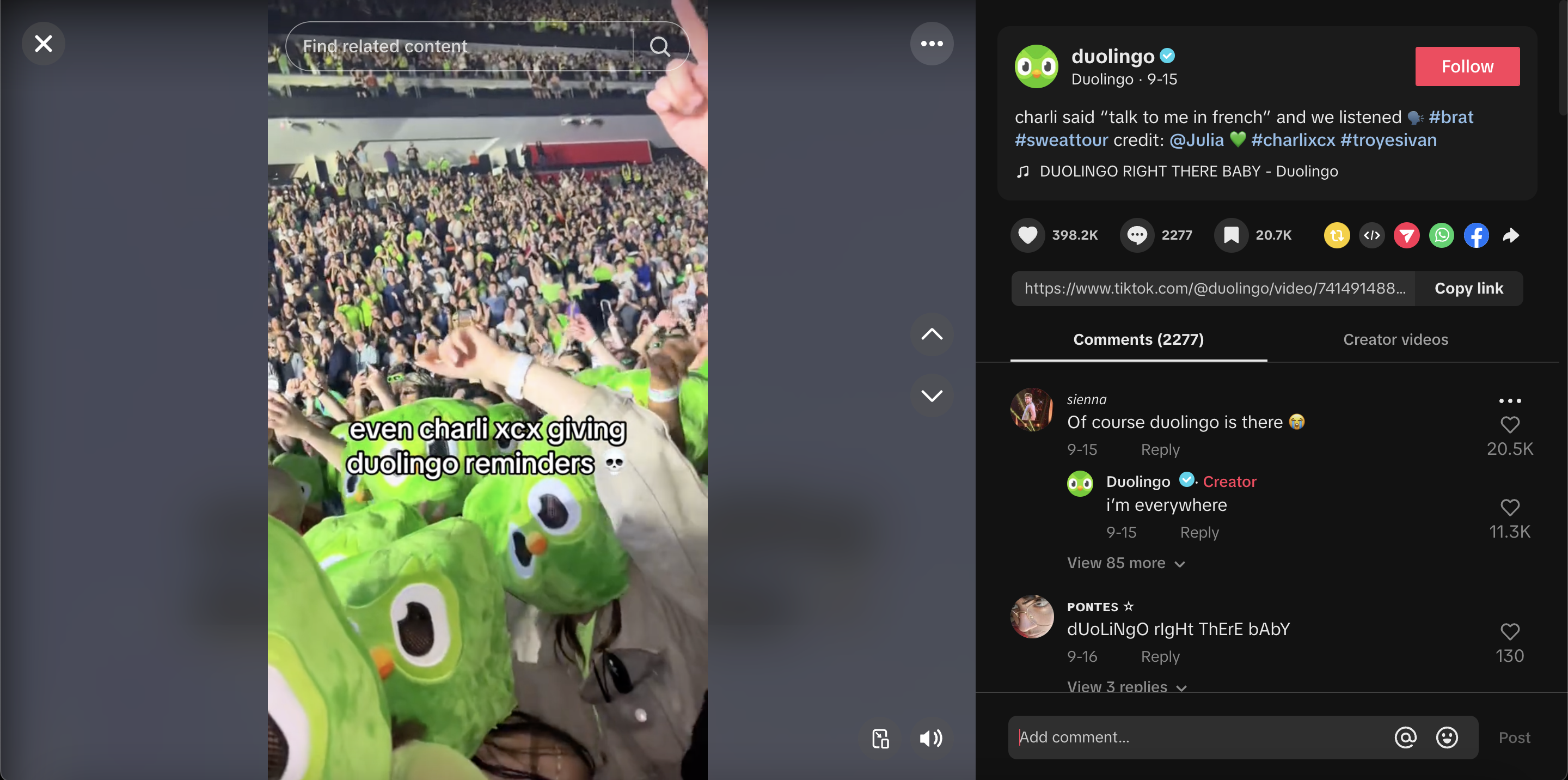 Duolingo using Viral Trends and TikTok Marketing effectively at Charlie XCX's Concert 